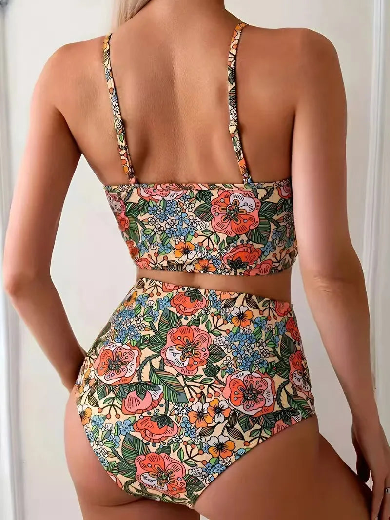 Vintage Printed Bikini Ruched Top & Cheeky Bottom Y2K Swimsuit Floral Bathing Suitwear