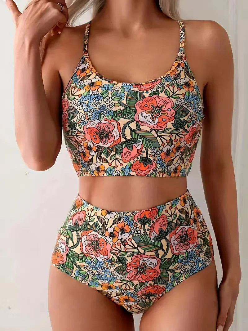 Vintage Printed Bikini Ruched Top & Cheeky Bottom Y2K Swimsuit Floral Bathing Suitwear