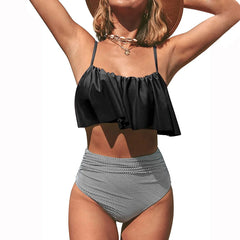 Vintage Style Ruffle Bikini Striped Panties Swimsuit with Low Back Retro Two Piece Bikini