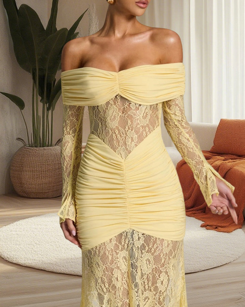 Lace Off-shoulder Fitted Long-sleeved Fishtail Maxi Dress