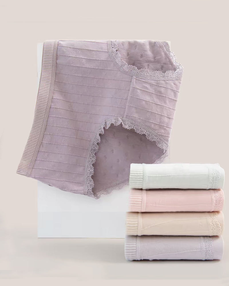 Multi-Pack Women's Mid-Waist Lace Striped Heart Antibacterial Cotton Panties