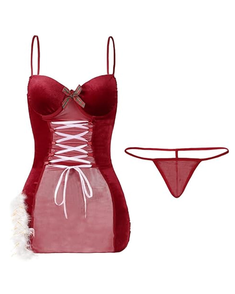 Christmas Bunny Ear Velvet Mesh See-through Nightgown Set