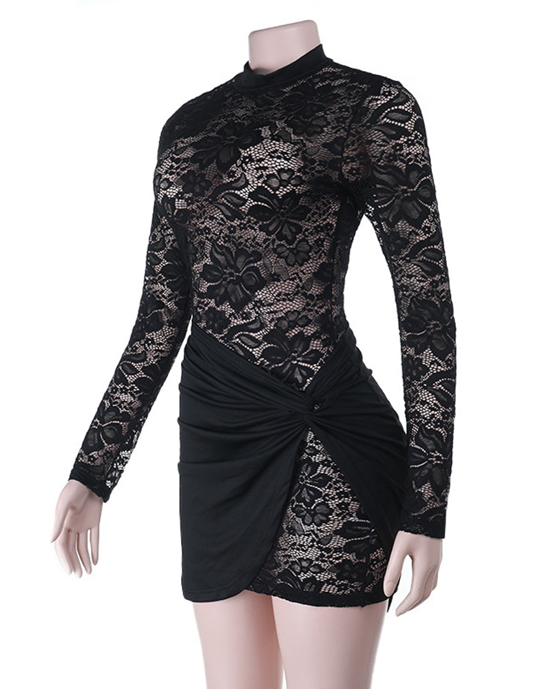 Lace See-through Round Neck Long-sleeved Bodycon Mini Dress