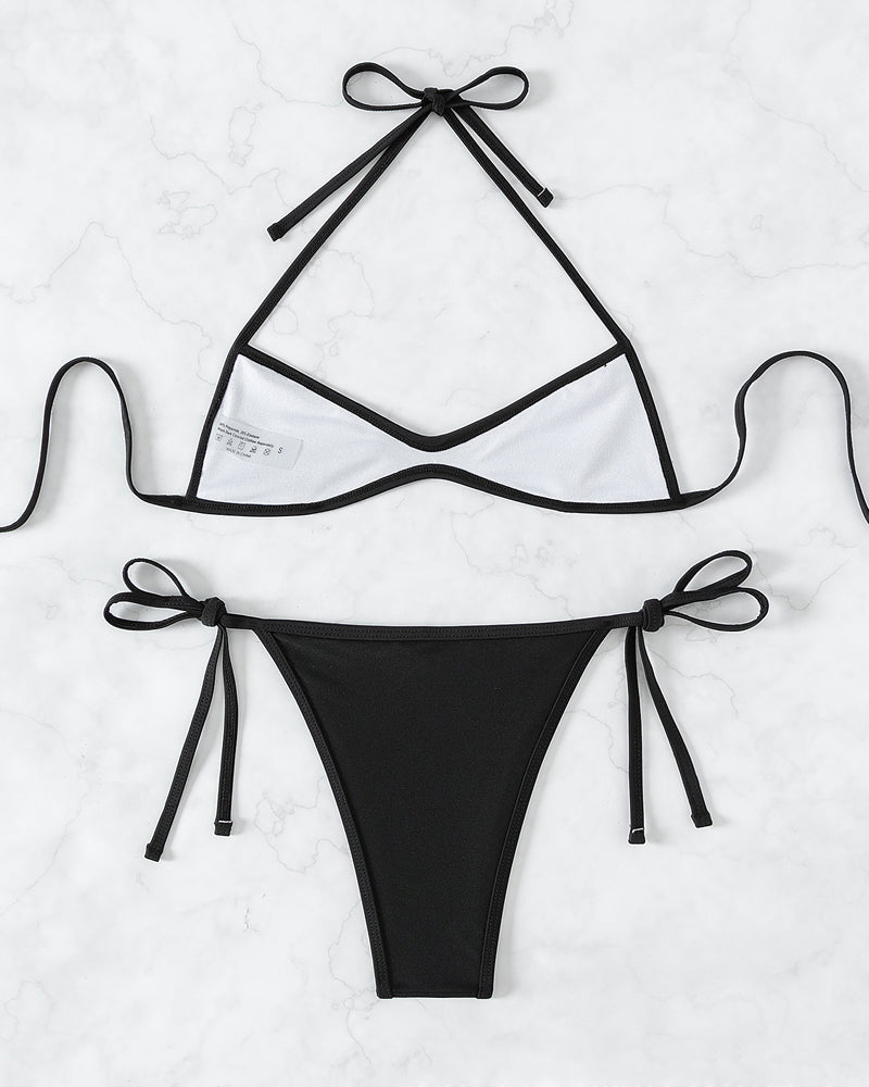 Solid Color Halter Neck Mini Pleated Beach Bikini