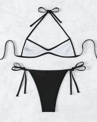 Solid Color Halter Neck Mini Pleated Beach Bikini