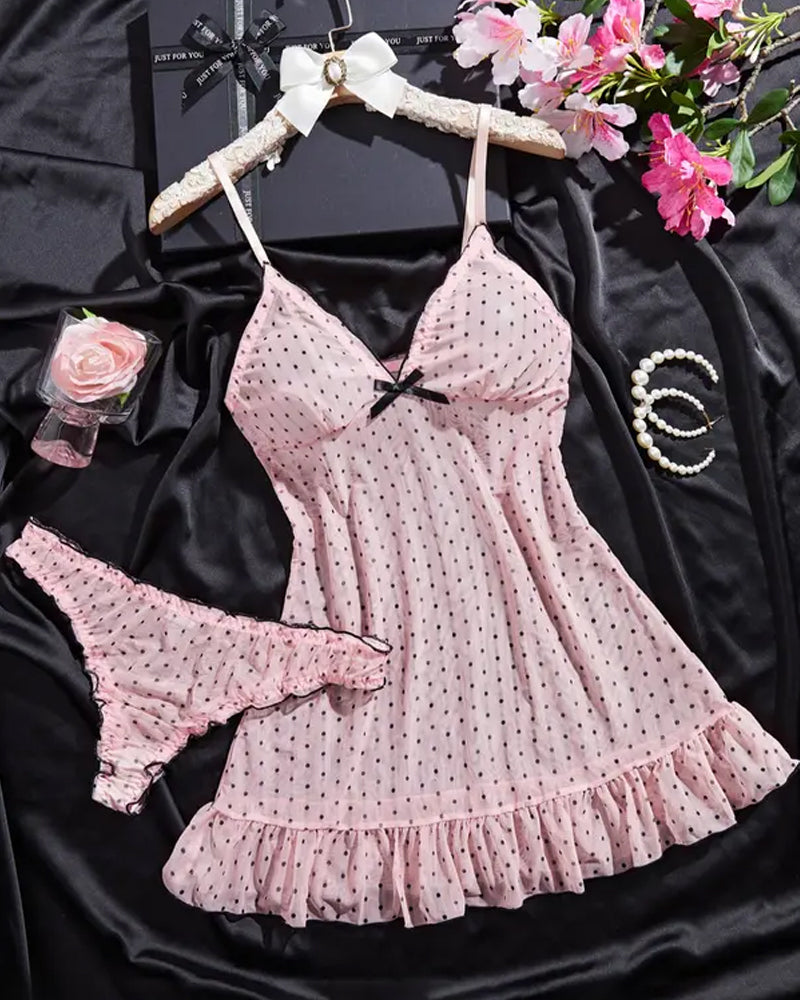V-neck Polka Dot Print Semi-transparent Suspender Nightdress Set