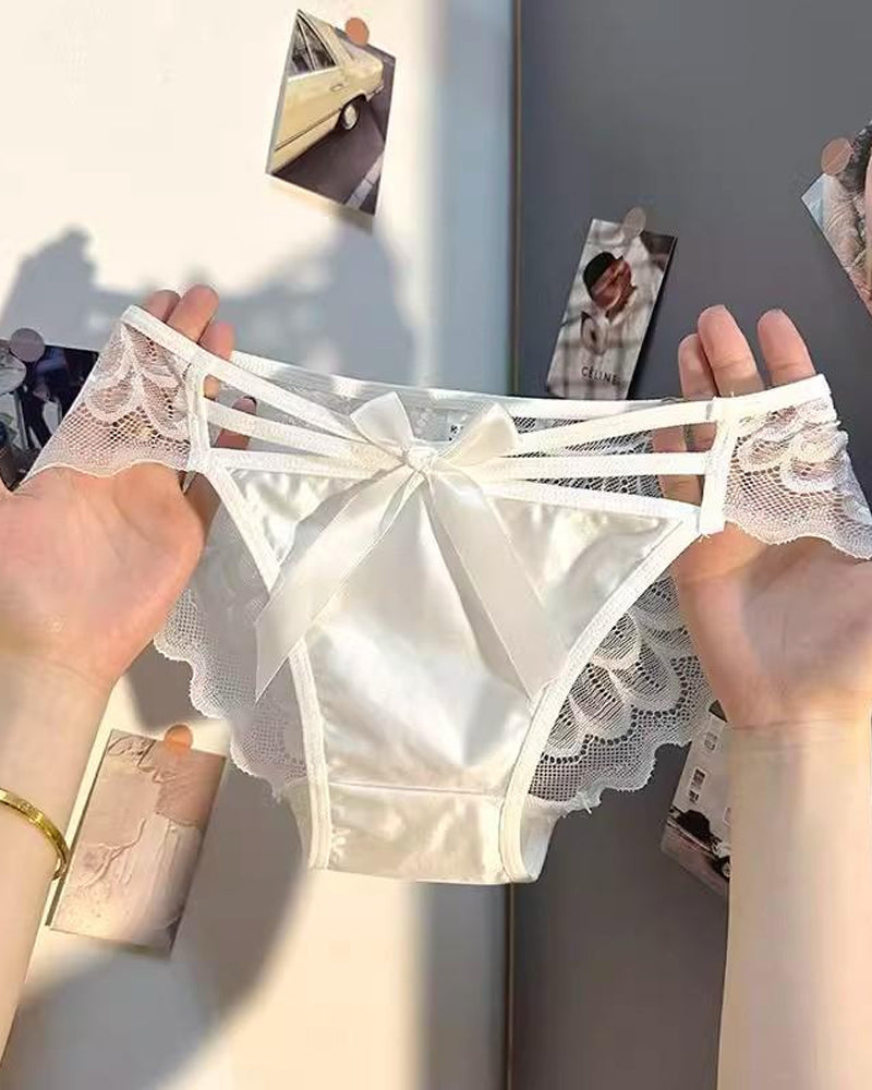 Low-rise Satin Bow-embroidered See-through Lace Panties