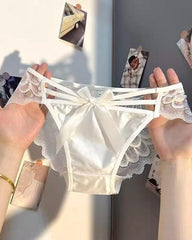 Low-rise Satin Bow-embroidered See-through Lace Panties