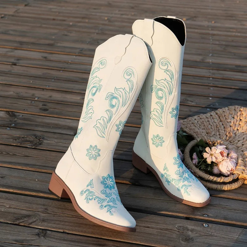 White Cowboy Embroidery Boots