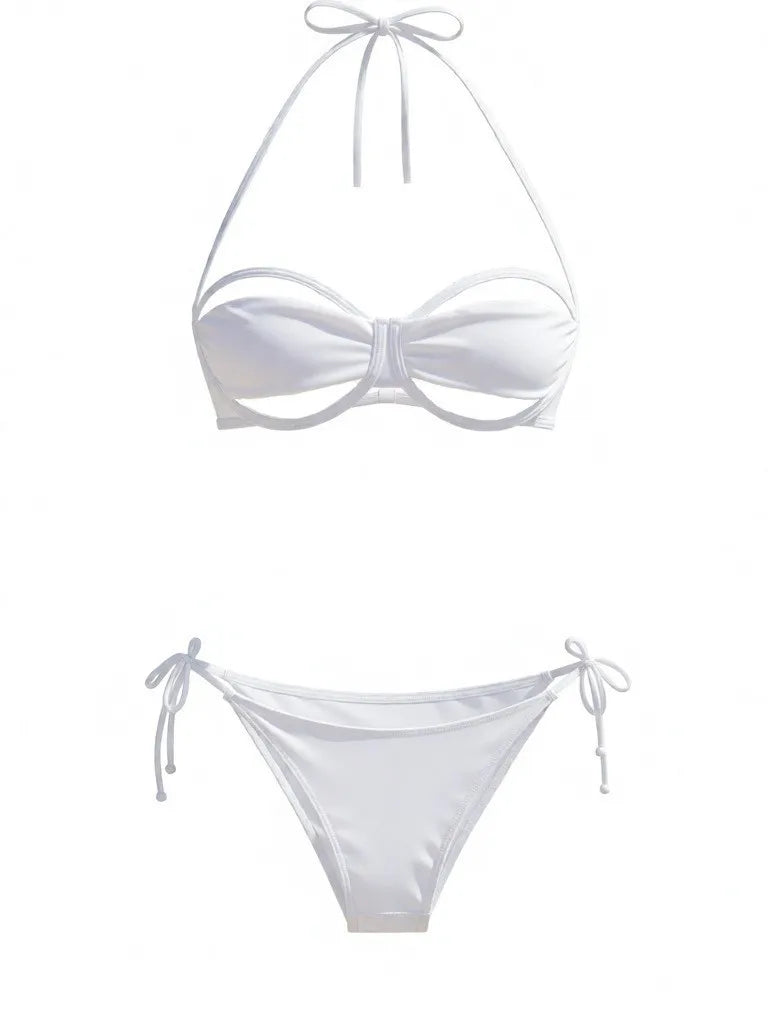White Tie Front Bikini Set Halter with Drawstring Cheeky Bottom & Tummy Control Halter Backless Bandage Wear