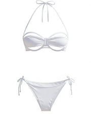White Tie Front Bikini Set Halter with Drawstring Cheeky Bottom & Tummy Control Halter Backless Bandage Wear