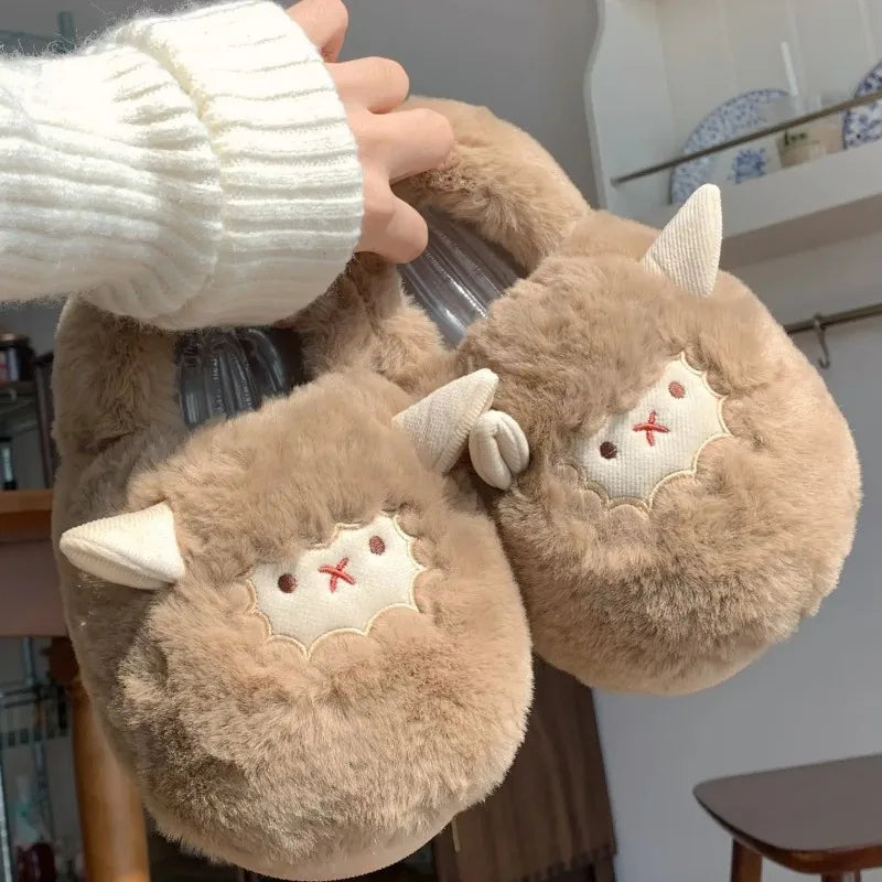 Winter Couple Cotton Slipper Cartoon Plush Warm Fluffy Faux Fur Cute Slipper