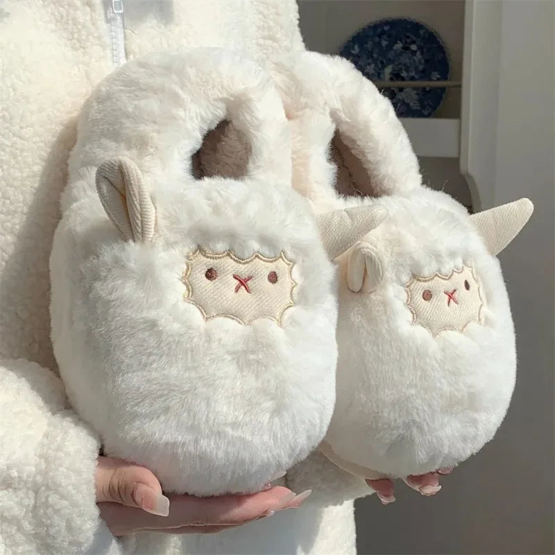 Winter Couple Cotton Slipper Cartoon Plush Warm Fluffy Faux Fur Cute Slipper