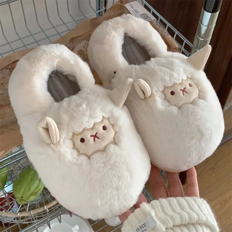 Winter Couple Cotton Slipper Cartoon Plush Warm Fluffy Faux Fur Cute Slipper