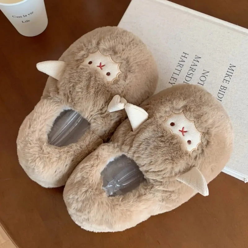 Winter Couple Cotton Slipper Cartoon Plush Warm Fluffy Faux Fur Cute Slipper