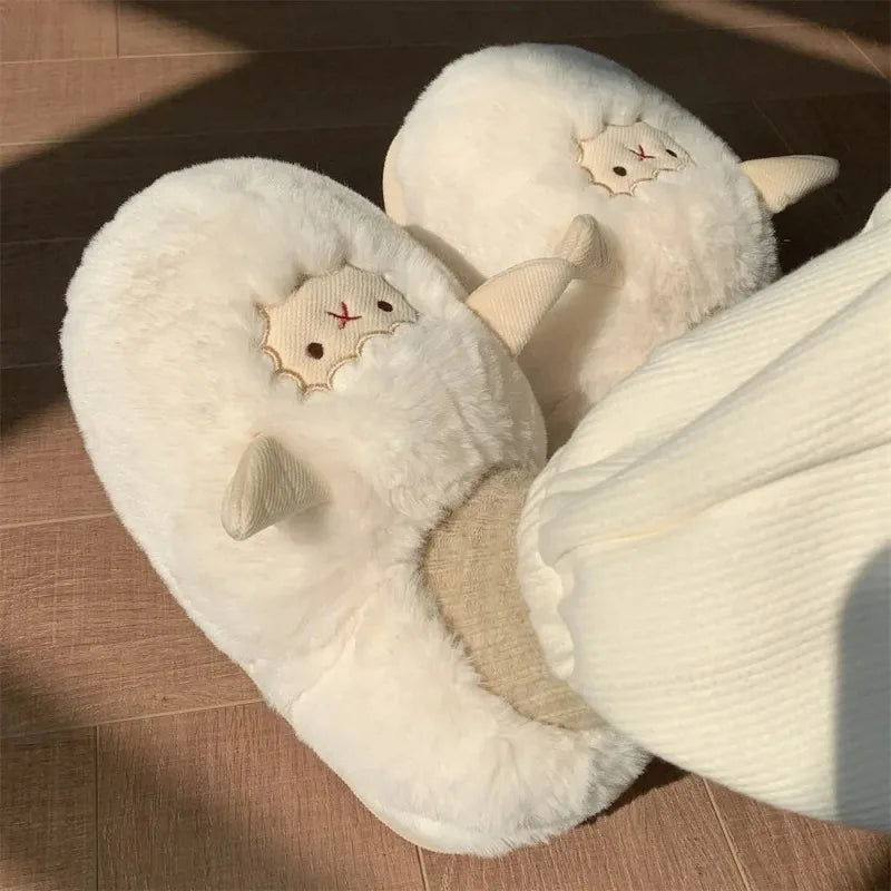 Winter Couple Cotton Slipper Cartoon Plush Warm Fluffy Faux Fur Cute Slipper