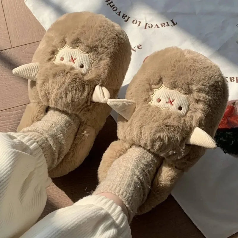 Winter Couple Cotton Slipper Cartoon Plush Warm Fluffy Faux Fur Cute Slipper