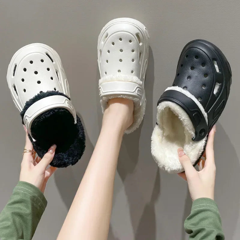 Winter Couple Plush Slippers Thick High Heels Soft-soled Beach Garden Cotton Shoes