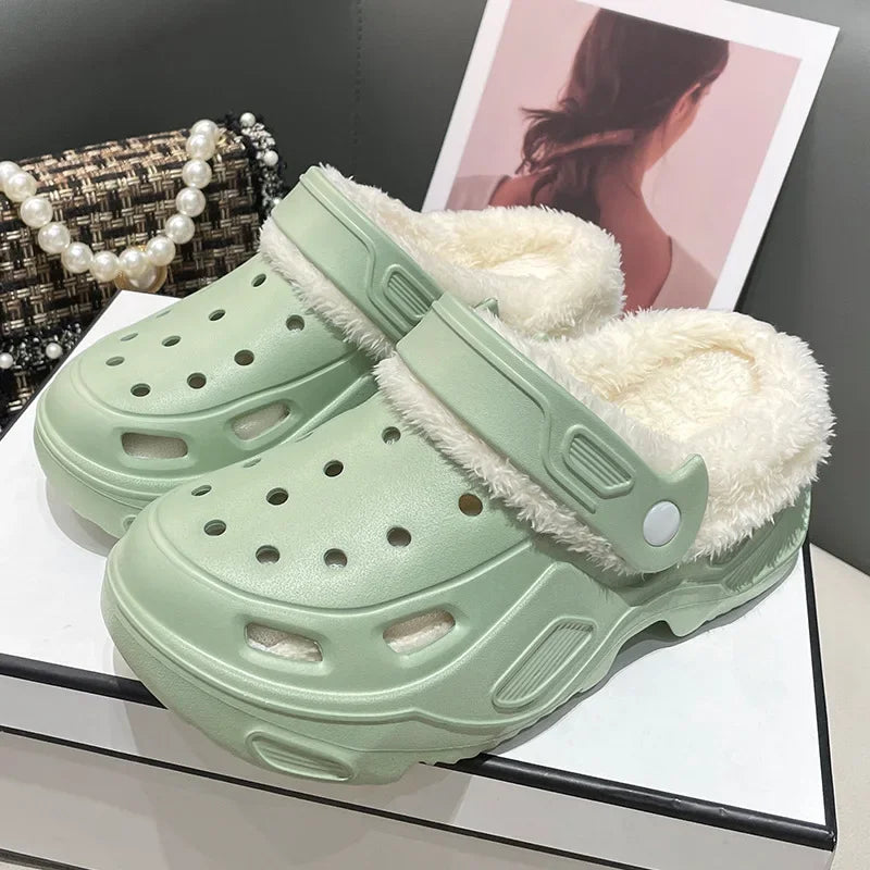 Winter Couple Plush Slippers Thick High Heels Soft-soled Beach Garden Cotton Shoes