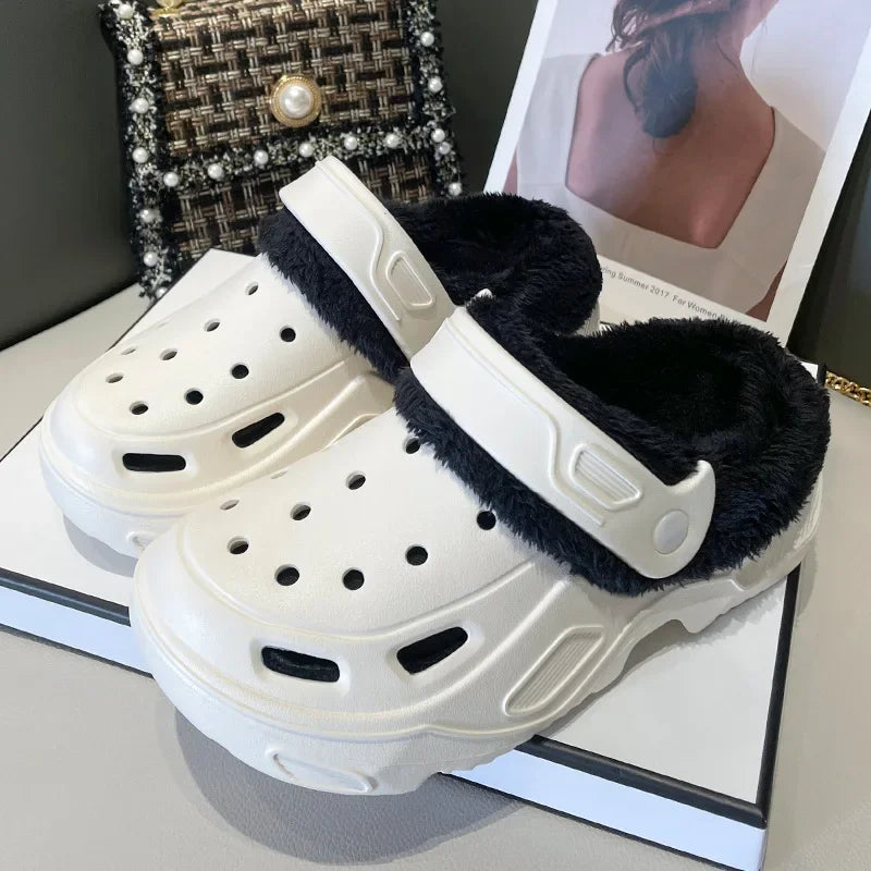 Winter Couple Plush Slippers Thick High Heels Soft-soled Beach Garden Cotton Shoes