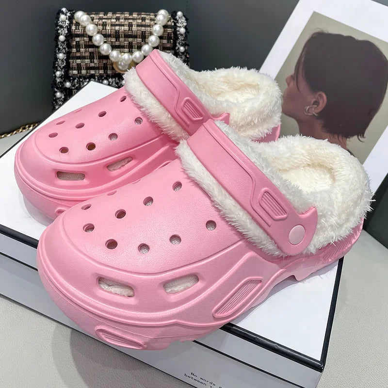 Winter Couple Plush Slippers Thick High Heels Soft-soled Beach Garden Cotton Shoes
