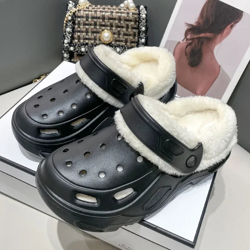 Winter Couple Plush Slippers Thick High Heels Soft-soled Beach Garden Cotton Shoes