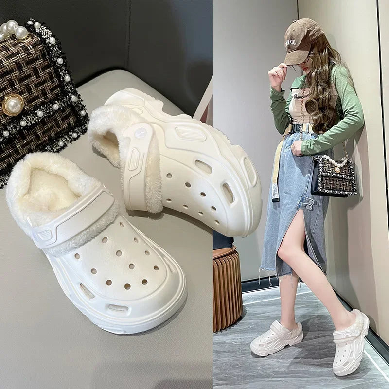 Winter Couple Plush Slippers Thick High Heels Soft-soled Beach Garden Cotton Shoes