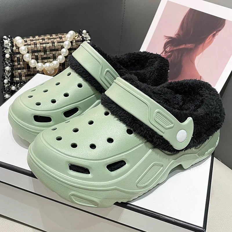 Winter Couple Plush Slippers Thick High Heels Soft-soled Beach Garden Cotton Shoes