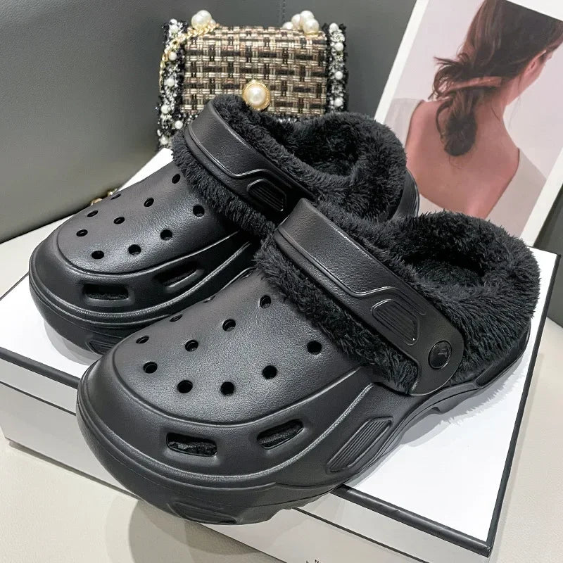 Winter Couple Plush Slippers Thick High Heels Soft-soled Beach Garden Cotton Shoes