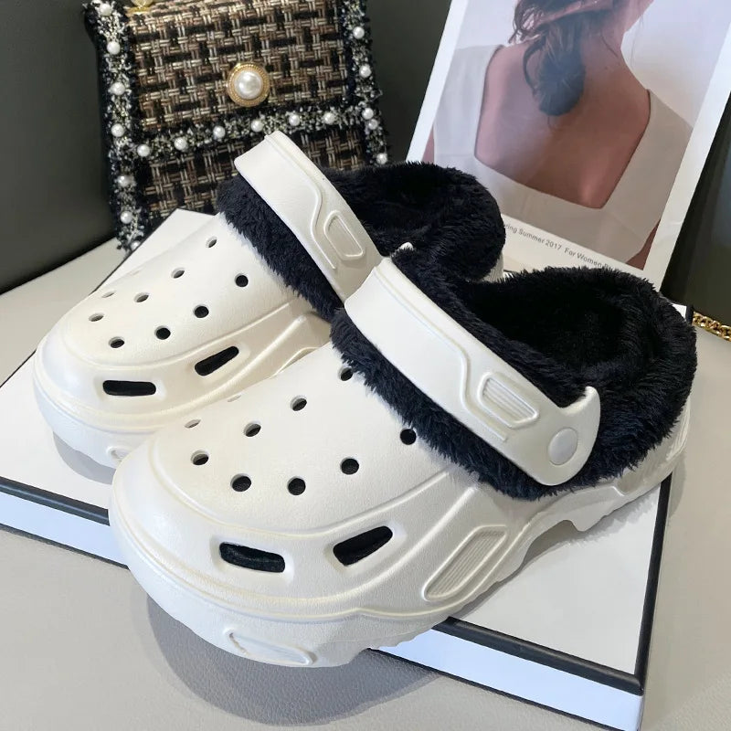 Winter Couple Plush Slippers Thick High Heels Soft-soled Beach Garden Cotton Shoes