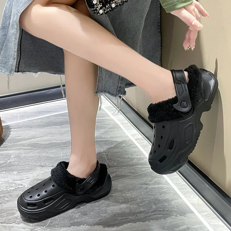 Winter Couple Plush Slippers Thick High Heels Soft-soled Beach Garden Cotton Shoes