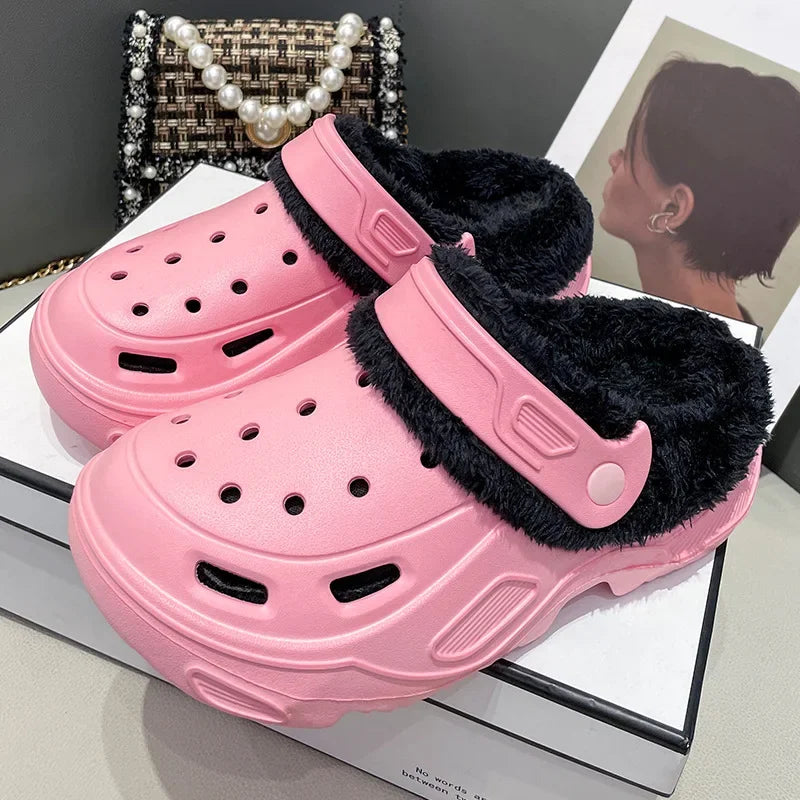Winter Couple Plush Slippers Thick High Heels Soft-soled Beach Garden Cotton Shoes