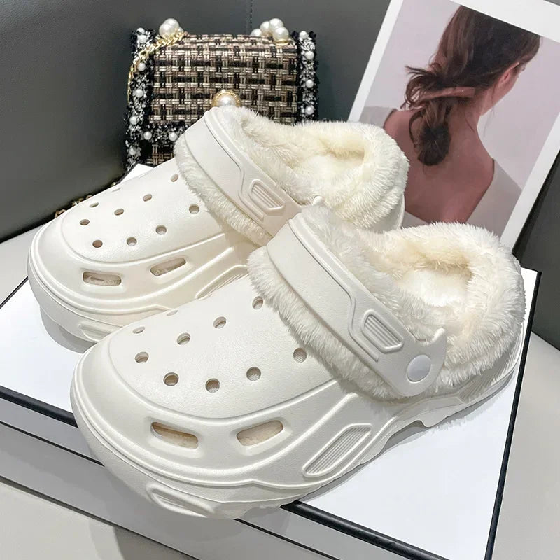 Winter Couple Plush Slippers Thick High Heels Soft-soled Beach Garden Cotton Shoes