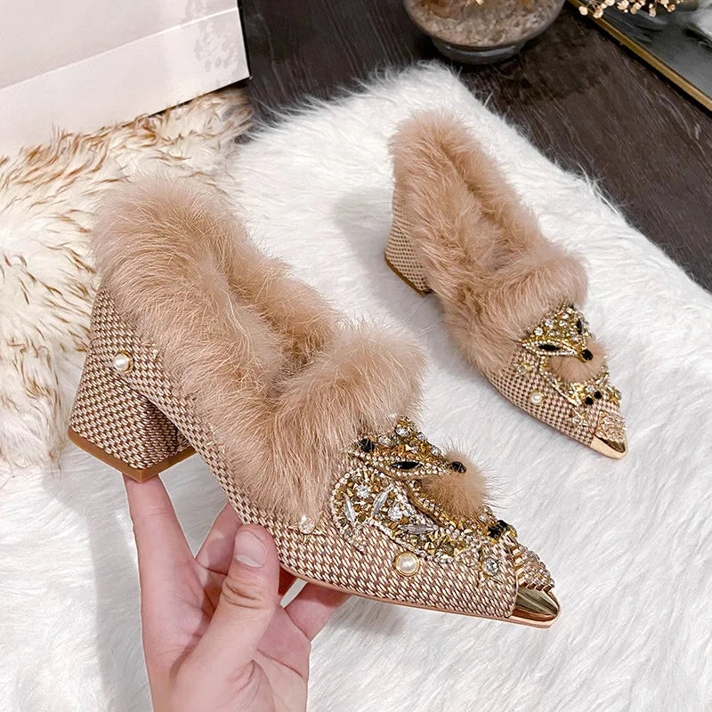 Winter Fox Winter Rhinestone Rabbit Fur Short Boots