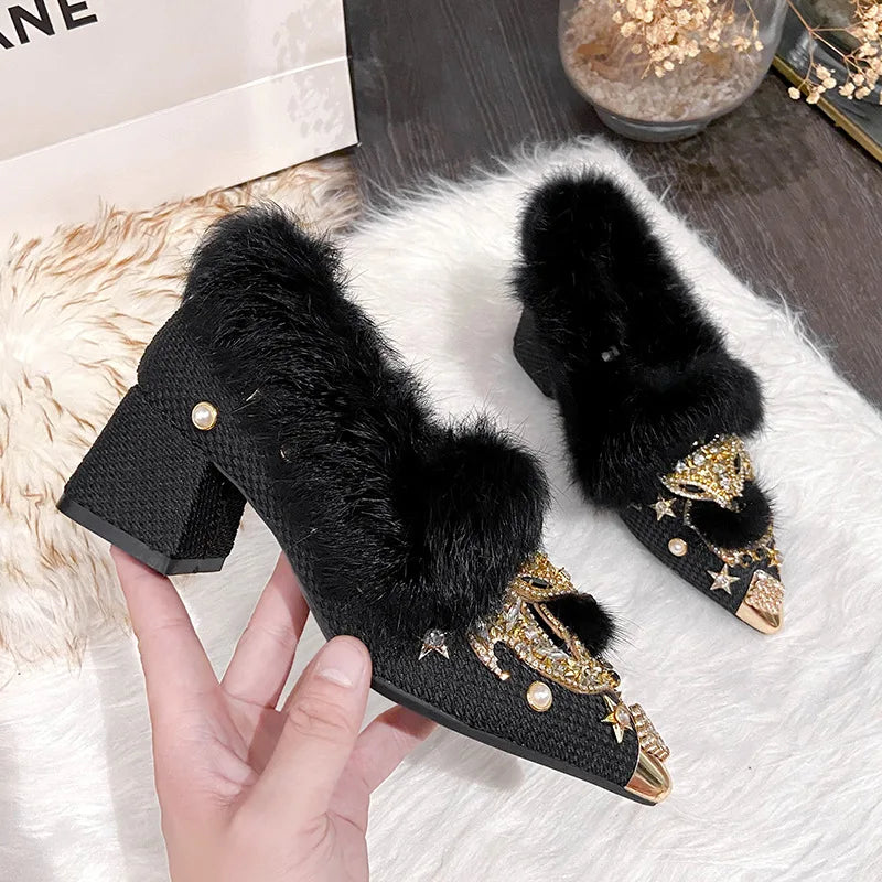 Winter Fox Winter Rhinestone Rabbit Fur Short Boots