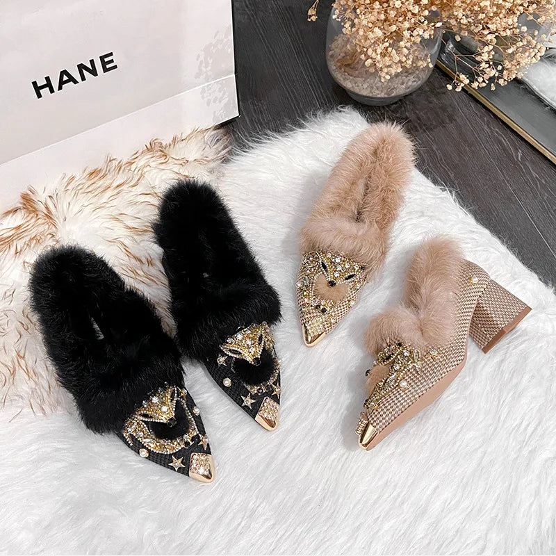 Winter Fox Winter Rhinestone Rabbit Fur Short Boots