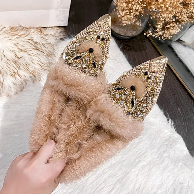 Winter Fox Winter Rhinestone Rabbit Fur Short Boots