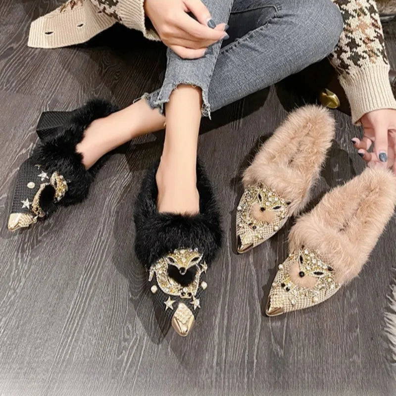 Winter Fox Winter Rhinestone Rabbit Fur Short Boots
