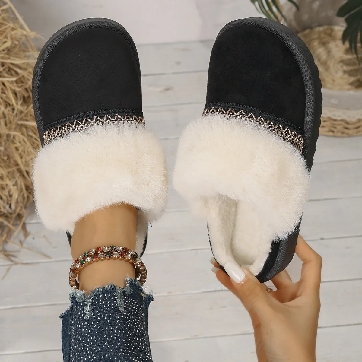 Casual Cotton half slippers Suede Fur Chelsea Ankle Boots