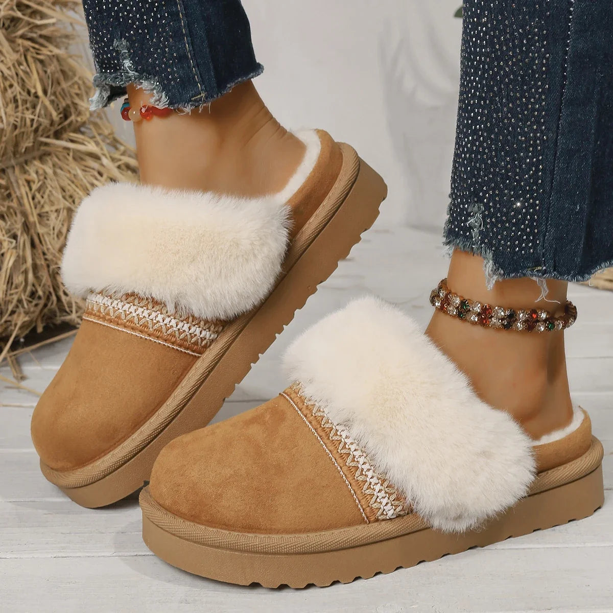 Casual Cotton half slippers Suede Fur Chelsea Ankle Boots