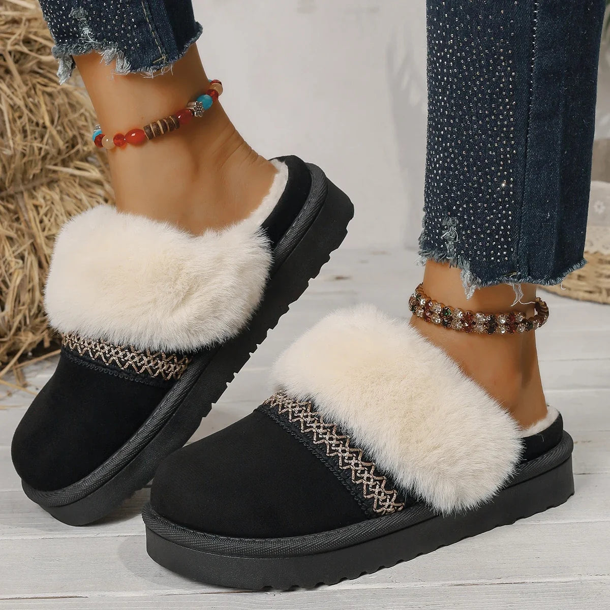 Casual Cotton half slippers Suede Fur Chelsea Ankle Boots
