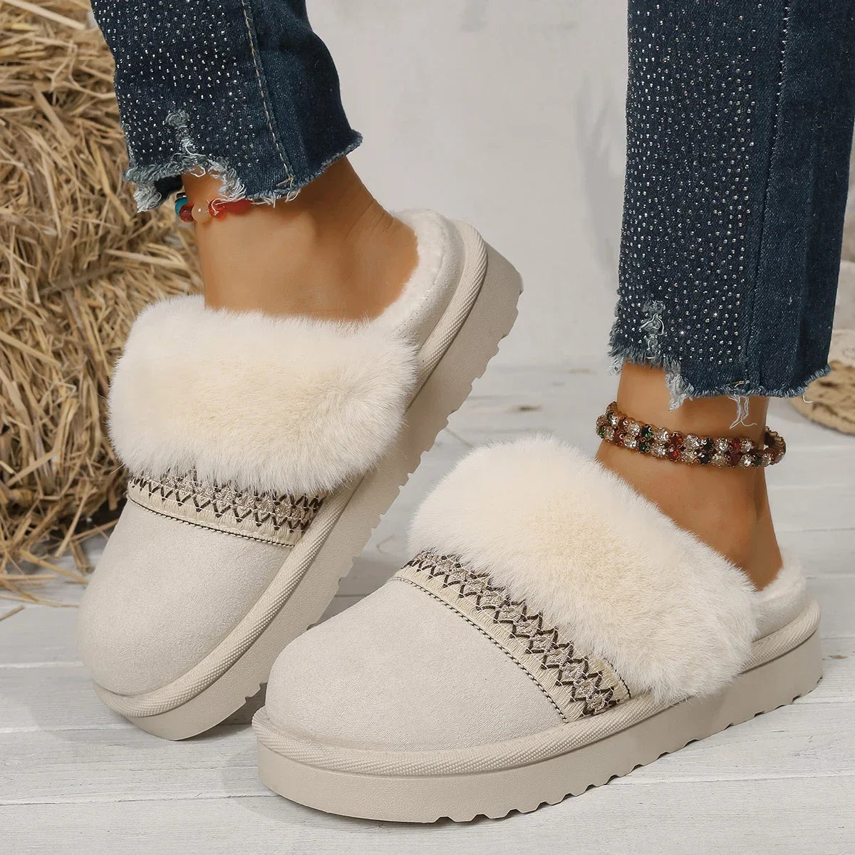 Casual Cotton half slippers Suede Fur Chelsea Ankle Boots