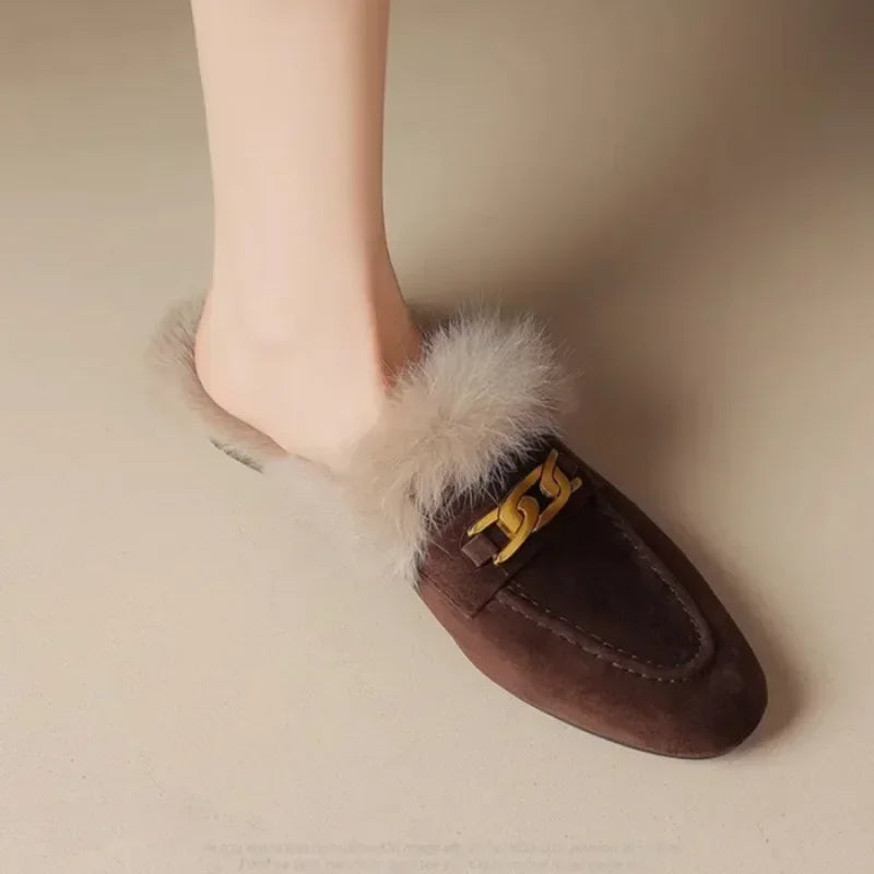 Winter Women Suede Warm Fur Slippers Brand Luxury Mules Flats Shoes