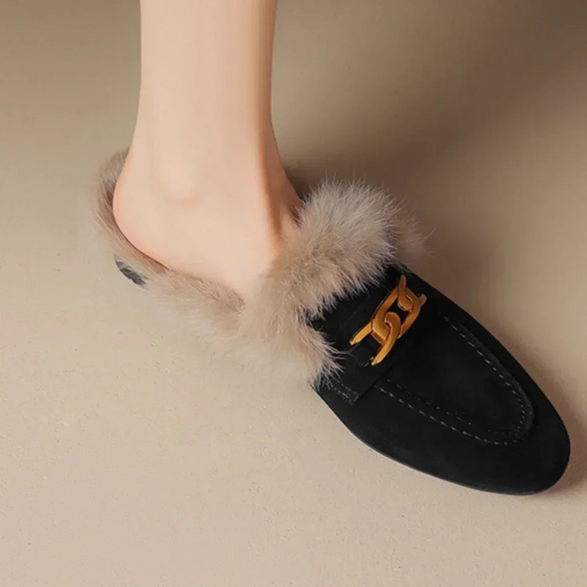 Winter Women Suede Warm Fur Slippers Brand Luxury Mules Flats Shoes