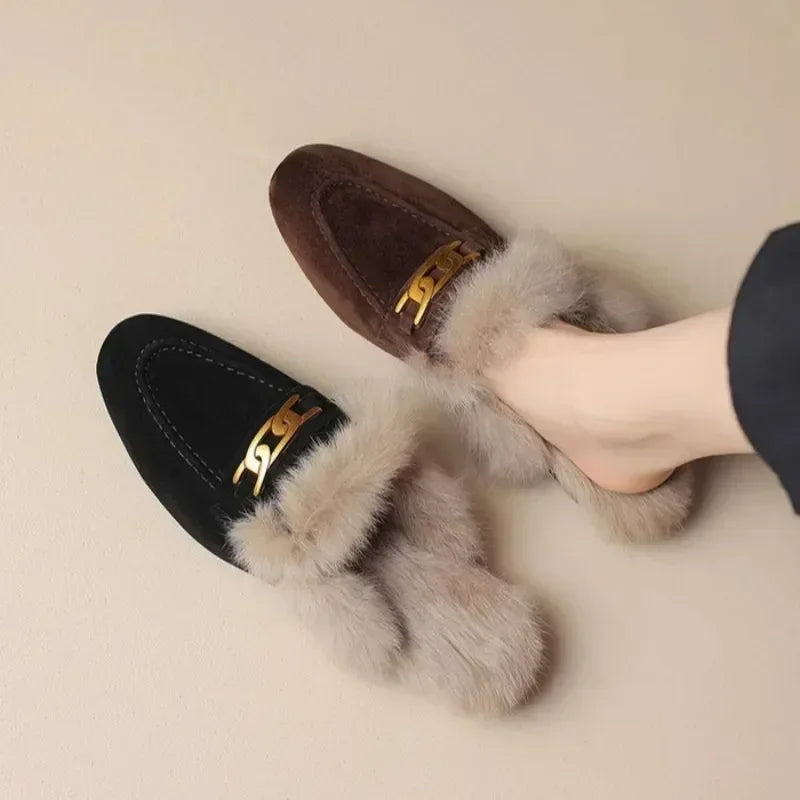 Winter Women Suede Warm Fur Slippers Brand Luxury Mules Flats Shoes