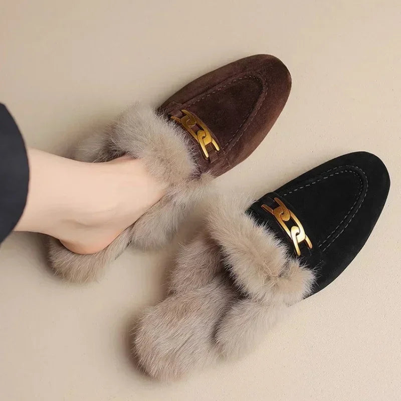 Winter Women Suede Warm Fur Slippers Brand Luxury Mules Flats Shoes