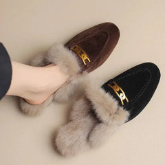 Winter Women Suede Warm Fur Slippers Brand Luxury Mules Flats Shoes