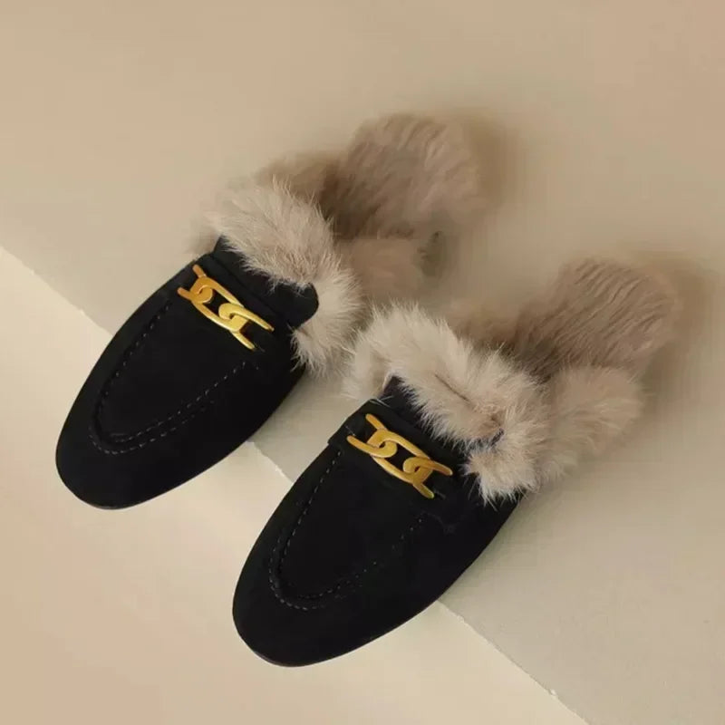 Winter Women Suede Warm Fur Slippers Brand Luxury Mules Flats Shoes