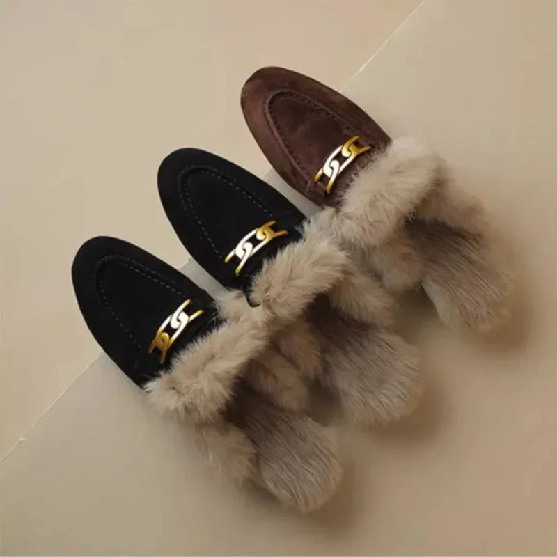 Winter Women Suede Warm Fur Slippers Brand Luxury Mules Flats Shoes