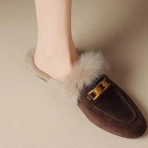 Winter Women Suede Warm Fur Slippers Brand Luxury Mules Flats Shoes